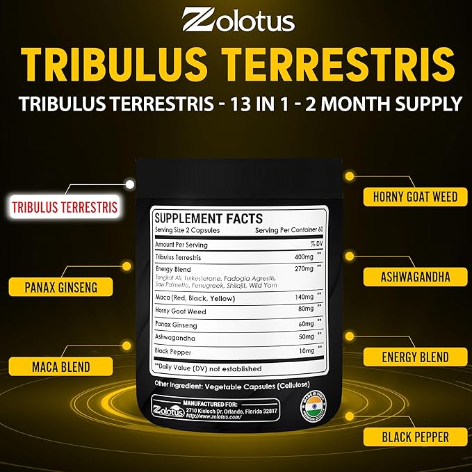 Zolotus 13in1 Tribulus Terrestris Capsules with Maca, Horny Goat Weed, Panax Ginseng, Saw Palmetto, Tongkat Ali, Shilajit & More - Energy, Stamina Supplement for Men & Women - 120 Counts