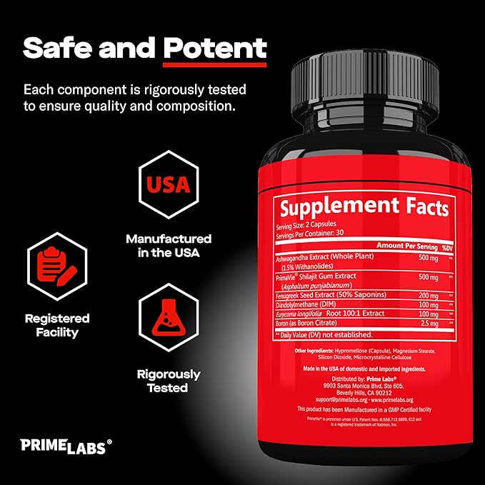 Prime Labs Prime Test Pro - Testosterone Supplement for Men - Test, Vitality, & Energy Booster - with Ashwagandha, PrimaVie Shilajit Extract, & DIM - 60 Capsules