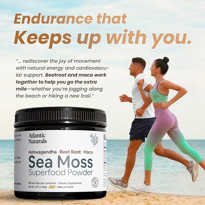 Atlantic Naturals Sea Moss Superfood Powder with Ashwagandha, Beet Root, and Maca Root - Sea Moss Powder Supports Healthy Skin, Athletic Performance, and Positive Mood - Vanilla Flavor (150g)