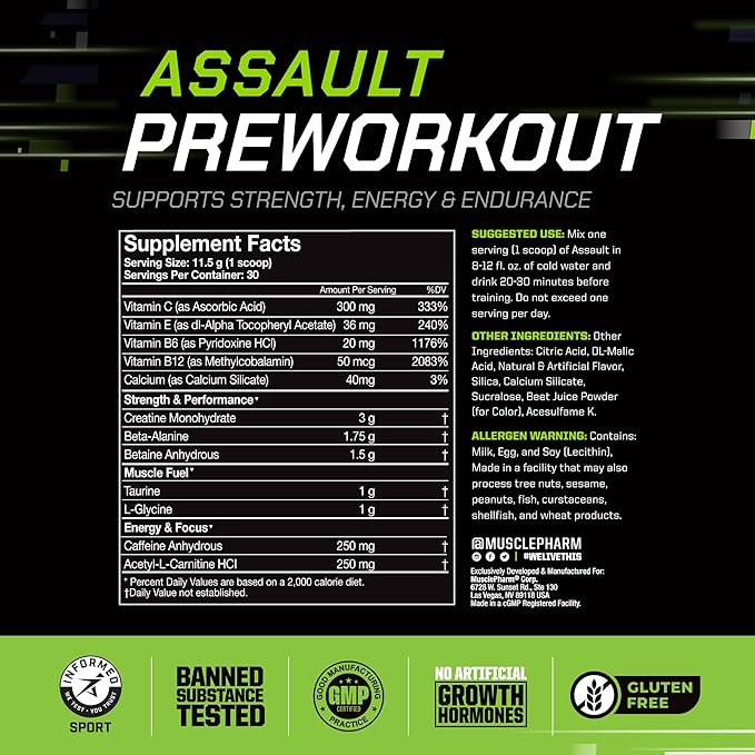 Muscle Pharm Assault Energy & Strength Pre Workout Powder for Men & Women with Beta Alanine, Caffeine, Creatine & Betaine Anhydrous, Pre-Workout Supplements, 30 Servings, Fruit Punch Flavor