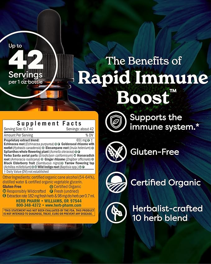 Herb Pharm Organic Rapid Immune Boost: Fast-Absorbing Tincture for Adults, Echinacea Tincture with Goldenseal, Ginger Extract & Elderberry, Immune Support Supplement & Wellness Aid, 1 Oz