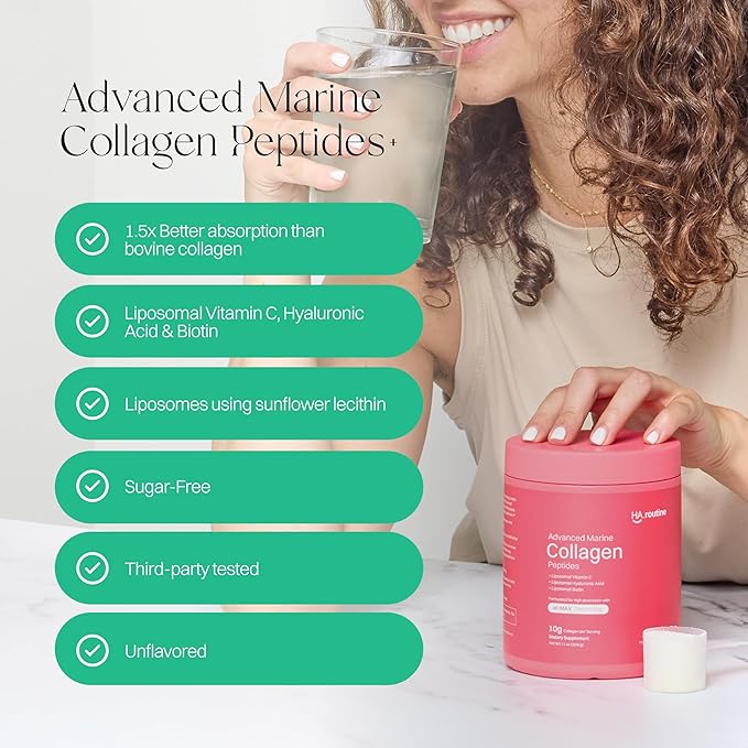 Advanced Marine Collagen Powder Plus Liposomal Vitamin C, Hyaluronic Acid & Biotin, Sugar-Free Type I Collagen Supplement for Skin, Hair, Nails, Joint & Gut Health - 30 Servings, Unflavored