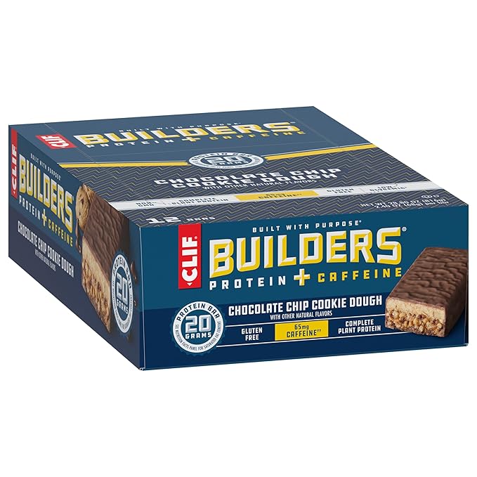 CLIF Builders + Caffeine - Chocolate Chip Cookie Dough Flavor - Plant Based Protein Bars - Gluten Free - Non-GMO - Low Glycemic - 20g Protein - 2.4 oz. (12 Count)