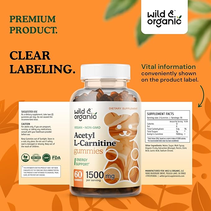 Wild & Organic Acetyl L-Carnitine 1500mg Gummies - Alcar Chews for Brain & Energy Support - L Carnitine Supplement with 60 Count - Energy and Focus Gummies with Acetyl Powder