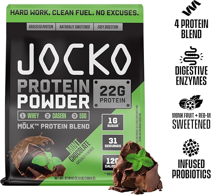 Jocko Fuel Mölk Whey Protein Powder 22g Low Sugar Monk Fruit Blend - Muscle Recovery & Growth, Packaging May Vary (31 Servings, Mint Chocolate)