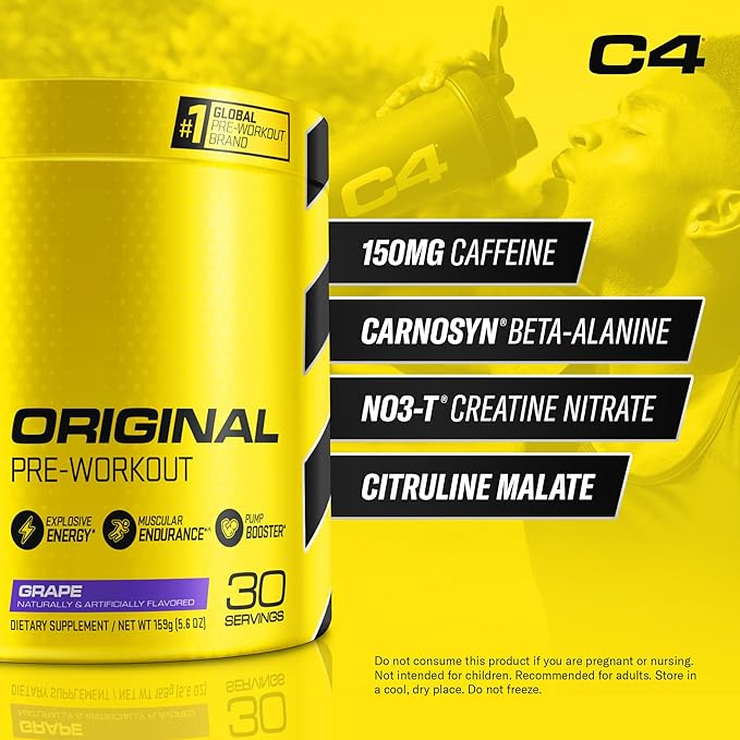 Cellucor C4 Original Pre Workout Powder Grape Sugar Free Preworkout Energy for Men & Women 150mg Caffeine + Beta Alanine + Creatine - 30 Servings (Packaging May Vary)