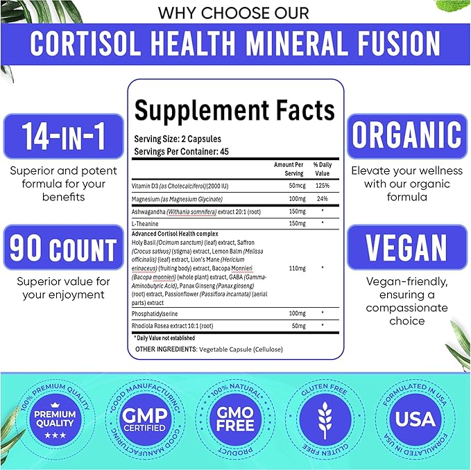 Cortisol Supplements for Women. Cortisol Manager 14-in-1 Ashwagandha Supplement with Magnesium Glycinate, L-Theanine & More. Support Stress Management & Stamina. 90 Capsules.