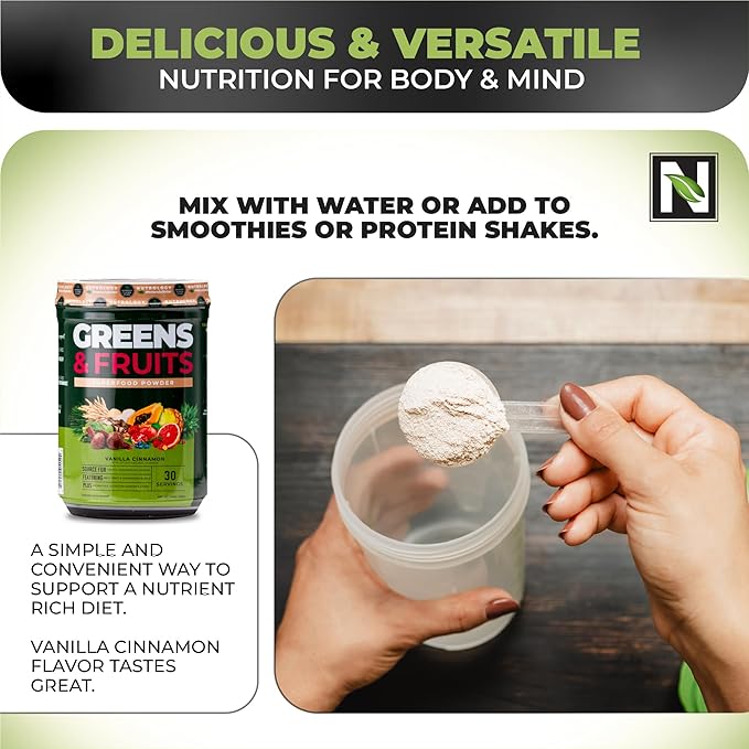 Nutrology Greens & Fruits Powder-Naturally Sourced Superfood, Beet Powder, Mushroom Blend, Probiotics, Digestive Enzymes, Fiber, Antioxidants, Immune Support, Gluten Free - Vanilla Cinnamon