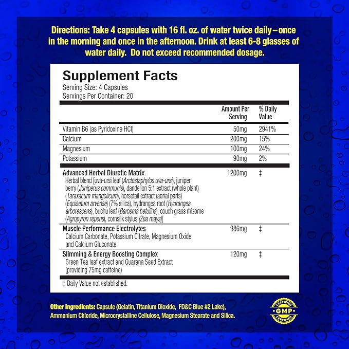 Maximum Human Performance Xpel Maximum Strength Diuretic Water Pills, for Water Retention Relief, Weight loss Support, with Vitamin B-6 Potassium Dandelion Root, 80 Capsules