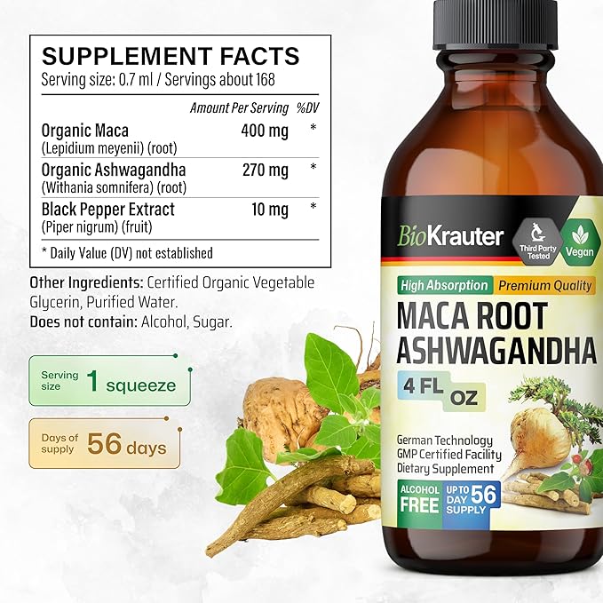 BIO KRAUTER Maca Root and Ashwagandha Tincture - Maca & Ashwagandha Supplements for Men & Women - Adaptogenic Liquid Supplement for Mood Support - Alcohol and Sugar Free Vegan Drops 4 Fl.Oz.