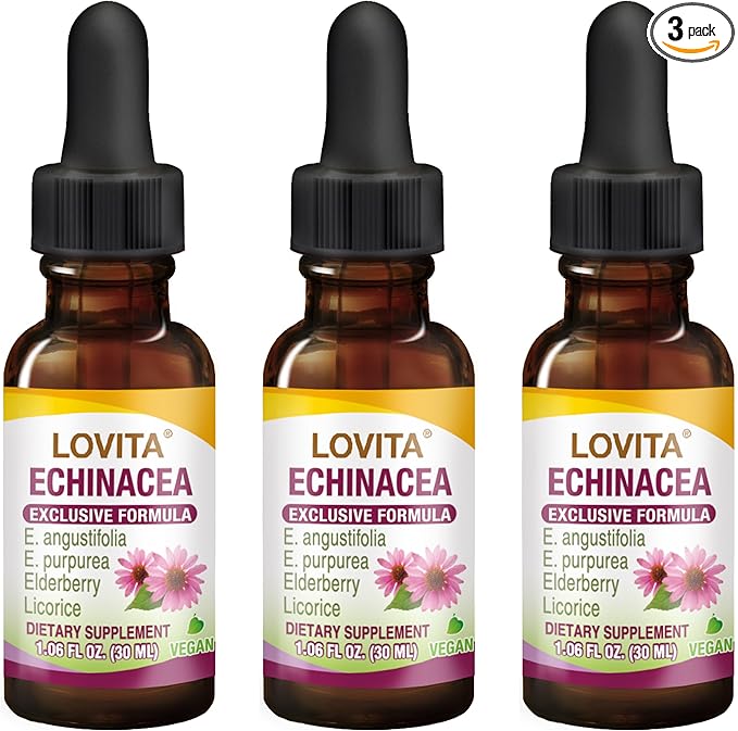 Lovita Echinacea Extract Liquid | 1 FL OZ | 350 mg per Serving | Concentrated Herb Tincture | Vegan | Alcohol-Free | with Elderberry and Licorice Extract (Pack of 3)