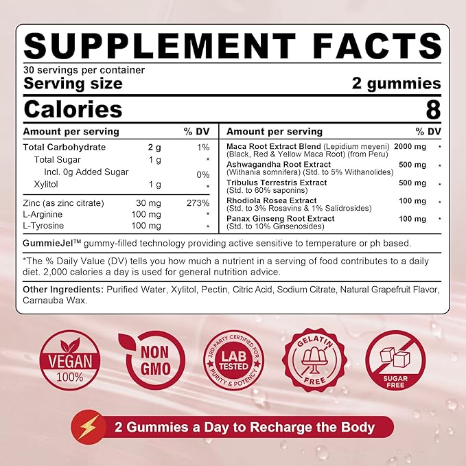 Maca Root Filled Gummies for Women Men | Sugar Free | Made in USA | Organic Black, Red, Yellow Maca Root Supplement Gummy 2000mg with Ashwagandha Ginseng | Vegan, Non-GMO, Grapefruit Flavor, 60 Count