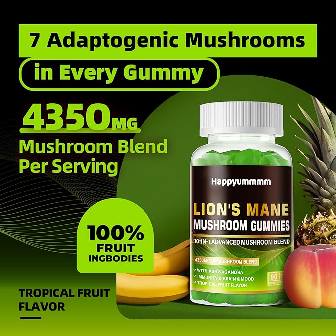 Mushroom Gummies - 10x Mushroom Supplement with Ashwagandha and Lions Mane (90 Chews) Nootropic Brain Supplement, Immune Support & Stress Relief-Fruit Flavor