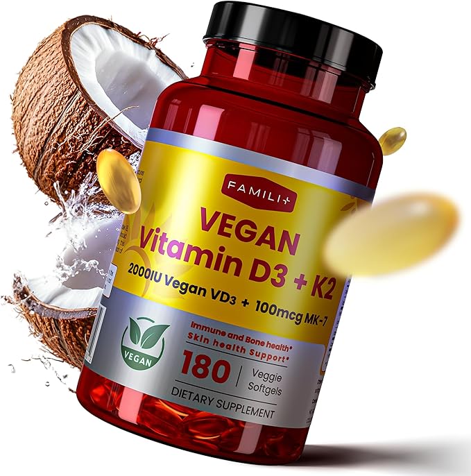 180 Days Vegan Vitamin D3+K2 Softgel with Coconut MCT Oil | 2000IU Plant Source Vitamin D3 + 100 mcg Vitamin K2 MK-7 | for Bone, Muscel, Immune, Teeth & Heart Health | 100% Vegan no-Gelatin