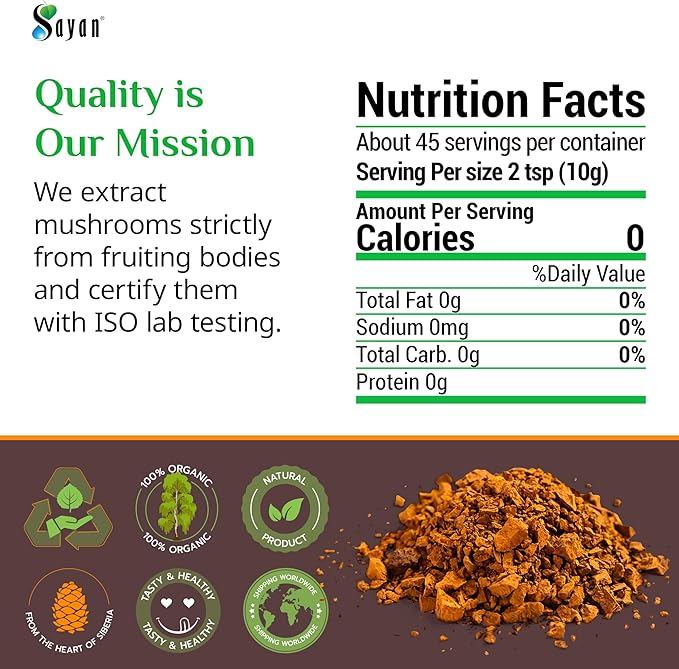 Sayan Siberian Pure Raw Coarse Chaga Powder 1lb / 454g – Premium Wild Forest Harvested Super Antioxidant Tea – Supports Immune System and Digestive Health – Focus, Energy, Clarity, Wellness - Non-GMO