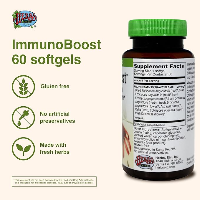 Herbs Etc. Immunoboost - Herbal Supplement for Immune System Support - Immune Health Support with Echinacea Angustifolia, Astragalus & Calendula - Gluten-Free - 60 Softgels (60 Servings)