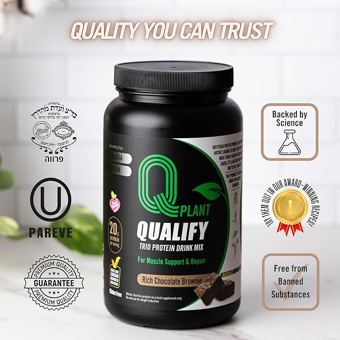 Plant Protein Powder Mix, Trio Rich Chocolate Brownie Flavored, Gluten Free, Vegan, Highly Kosher, 20g Protein, 2.4g BCAA, 26.4 Ounce