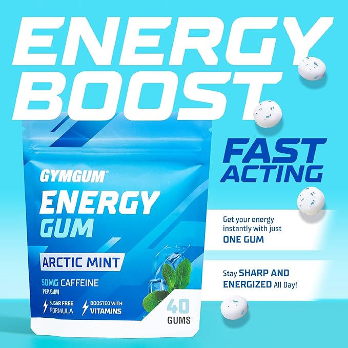 GYMGUM Energy Caffeine Gum | 50mg Caffeine | Sugar-Free, Keto-Friendly | Fast-Acting Energy & Focus Gum with Guarana & L-Theanine (40 Count, Arctic Mint)
