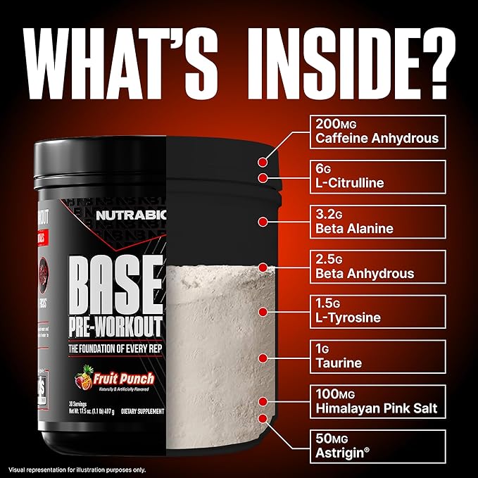 NutraBio Base Pre-Workout Powder 200mg Caffiene, Sustained Energy, Focus, Endurance, Pump, Sugar Free, Clean Preworkout for Men and Women - Beta Alanine, L-Tyrosine, 30 Servings - Fruit Punch