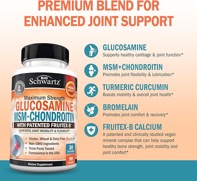 Glucosamine Chondroitin MSM Joint Support Supplement - FSA HSA Approved - Collagen Peptides, Turmeric and Ginger, Hyaluronic Acid, Glucosamine Chondroitin Sulfate - Gluten Free, Non GMO, 90 Capsules