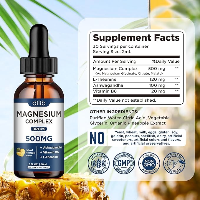 Magnesium Glycinate Liquid Drops 500mg - Triple Magnesium Complex Supplement with Citrate, Malate, Ashwagandha, L-Theanine, Vitamin B6 for Sleep, Stress Relief, Muscle, Pineapple Flavor 4 Fl Oz