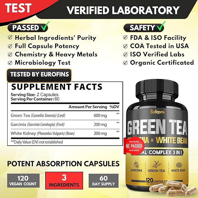 Green Tea Extract Pill EGCG 16000Mg per Serving with 12000Mg Green Tea, 2000Mg Garcinia Cambogia & 2000Mg White Kidney Bean - Support Body Balance, Heart & Immune Health - 120 Capsules 2 Month Supply