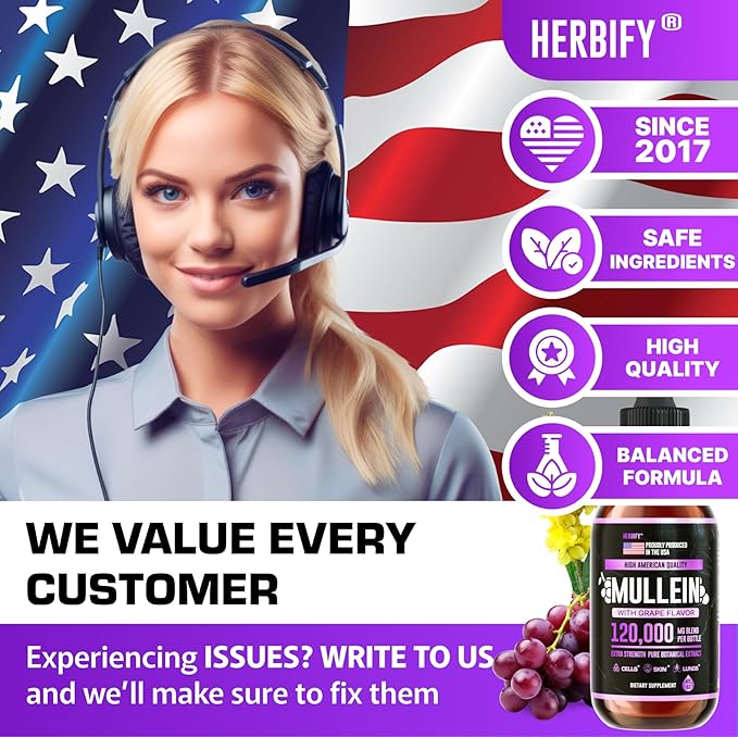 HERBIFY Mullein Drops - Lung Cleanse - Leaf Extract - Powerful Mullein for Immune Support,Detox & Respiratory Support - Made in USA - Herbal Supplements - 4 Oz Grape Flavor