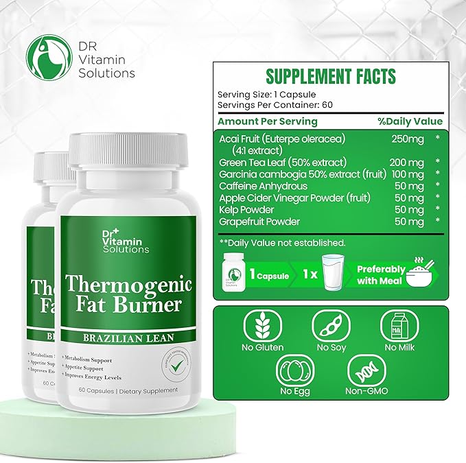 DR VITAMIN SOLUTIONS Thermogenic Fat Burner for Women and Men - Appetite Suppressant for Weight Loss - Includes Green Tea Extracts for Bloat Relief - Metabolism Booster - Pack of 2