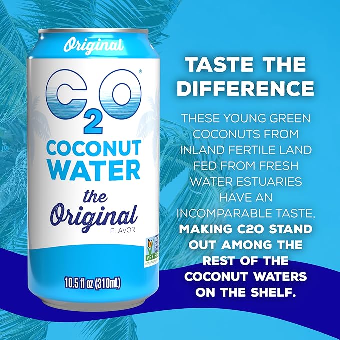 C2O - Coconut Water, The Original Flavor (24 Pack, 3 Boxes of 8) - Made with Fresh Coconut Water - Plant Based, Non GMO Canned Water - Natural Hydration, Electrolytes & Potassium - 24 Cans, 10.5 FL OZ