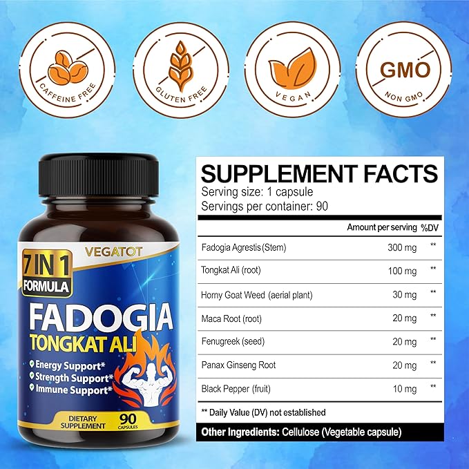 VEGATOT 7 in 1 High Strength Fadogia Concentrated with Tongkat Ali Maca Root Fenugreek Ginseng Boost Energy Stamina 3-Month Supply (90 Count (Pack of 1))