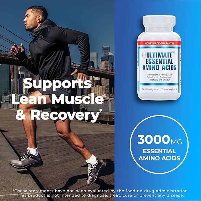 Ultimate 100% Essential Amino Acid Supplement - 3rd Party Tested - 300 Easy-to-Swallow, 1g Coated Tablets - All 9 EAA with 40% Leucine in Optimized BCAA Ratio - Improve Fitness & Performance - Non-GMO