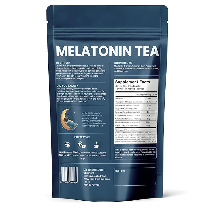 GOLDENLEAF Melatonin Sleep Tea - Caffeine-Free 3mg Melatonin Tea, with Chamomile, Lavender, Valerian Root & Lemon Balm for Night Time Rest, Relaxation and Better Sleep - 15 Herbal Tea Bags