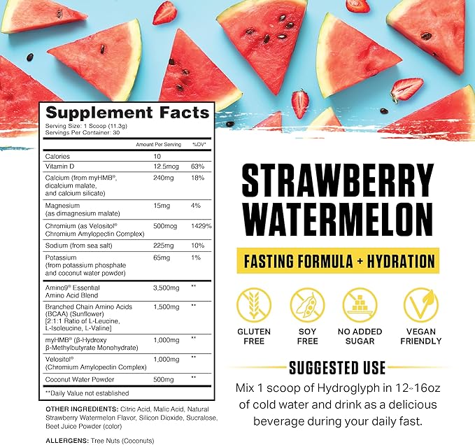 Ambrosia Hydroglyph Intraworkout Formula w/BCAA + EAA + Electrolytes Hydration Powder to Protect Lean Muscle, 0g Sugar Fasting Hydration Drink Mix, Made w/Coconut Water (Strawberry Watermelon)
