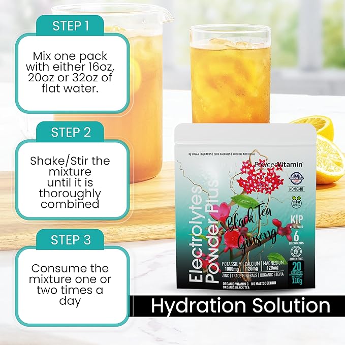 Electrolytes Powder Plus (20 Servings) Black Tea Ginseng Electrolyte Powder Keto, Sugar Free, Pink Himalayan Salt,1000mg Potassium,120mg Calcium,120mg Magnesium, Hydration Powder