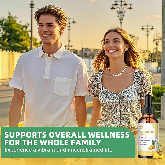 Magnesium Glycinate Liquid Drops, Magnesium Liquid Supplement with Cellulose Fiber, Bromelain, Vitamin B6, C, D, Zinc, Support Night, Muscle, Relax, Bone, Mood, Pineapple Flavor, 2 Pack