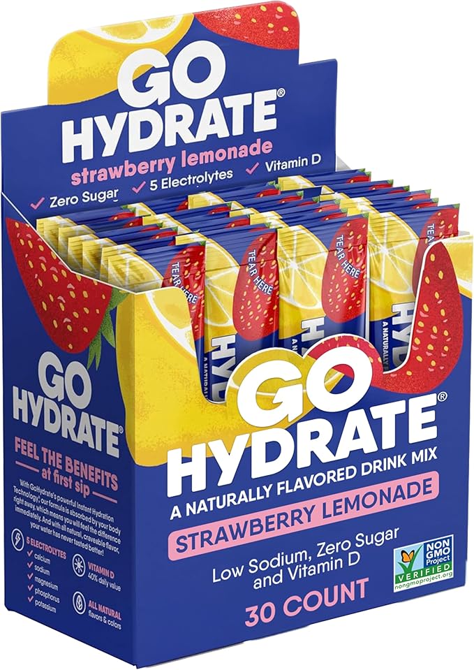 GoHydrate Instant Hydration Powder Packets - Low Sodium Electrolytes Drink Mix - Natural Hydration Support, Sugar Free Electrolyte Flavored Powder Drink with Vitamin D, 30 Packs, Strawberry Lemonade