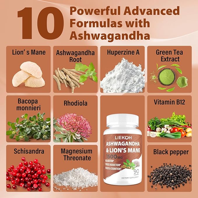 Ashwagandha & Lions Mane Supplement Capsules, Brain Supplements for Memory and Focus, Ashwagandha Supplement with Rhodiola & Black Peppe, Cortisol Supplements for Women & Men,90 Caps