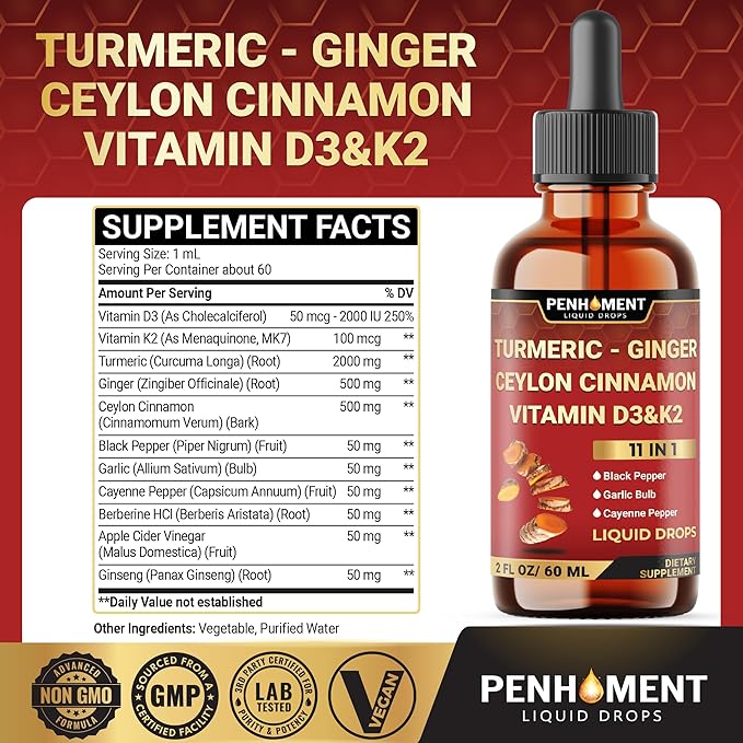 11in1 Liquid Turmeric Curcumin with Vitamin D3, Vitamin K2, Ginger, Ceylon Cinnamon, Berberine Extract, Garlic, Black Pepper - Drops Extract - 60ml - 2 Month Supply