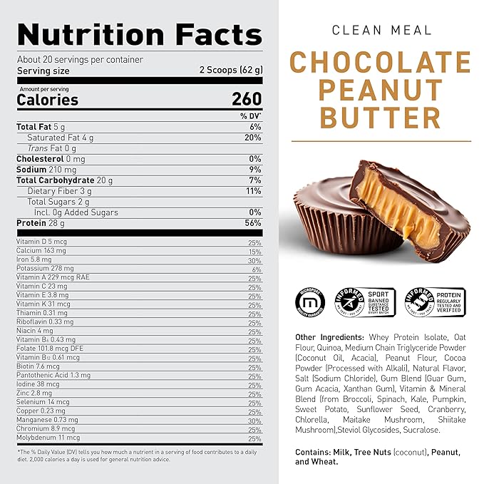 Kaged Clean Meal Replacement Shake with Whey Protein Isolate, Chocolate Peanut Butter, Clean Carbs, MCT Oil Fats, Organic Vitamins and Minerals, 20 Servings