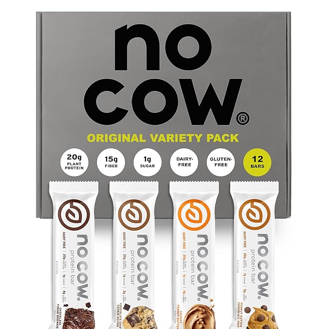 No Cow High Protein Bars, Original Variety Pack - Healthy Snacks, 20g Vegan Protein, High Fiber, Low Sugar, Keto Friendly, Dairy & Gluten Free (12 Count)