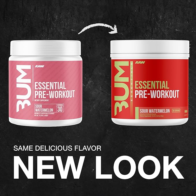 RAW Essential Pre-Workout Powder (Sour Watermelon) - Chris Bumstead Sports Nutrition Supplement for Men & Women Preworkout Energy with Caffeine, L-Citrulline, L-Tyrosine, Beta Alanine Blend