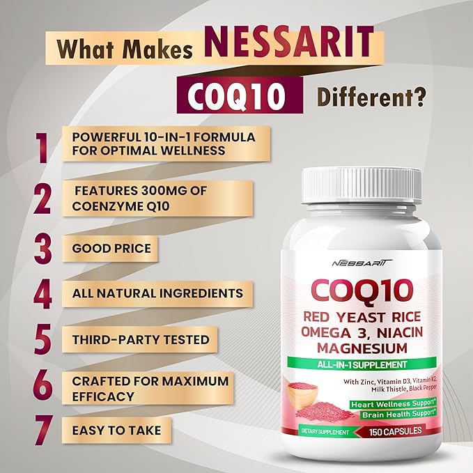 COQ10 + Red Yeast Rice Supplement - 10-in-1 Natural Blend with Omega 3 Vitamin B3, K2, D3, Zinc Milk Thistle Black Pepper - 150 Count - Made & Tested in The USA