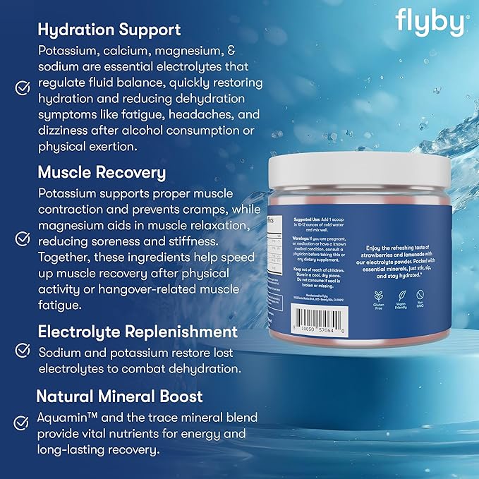 Flyby Electrolyte Powder - Strawberry Lemonade | contains Potassium, Aquamin™ Calcium & Magnesium, Sea Salt Sodium, Full Spectrum 72 Trace Minerals | Electrolytes Recovery | Non-GMO | Gluten-Free