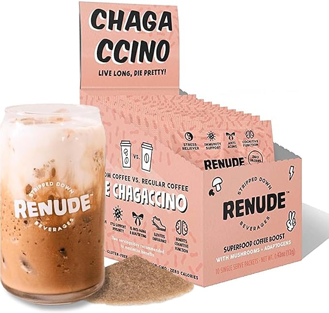 Renude Chagaccino - Chaga Mushroom Powder, Mushroom Coffee Drink Mix with Adaptogens, Natural Energy and Immune Support, Vegan, Keto, Zero Calorie Mushroom Blend Powder - 10 Servings