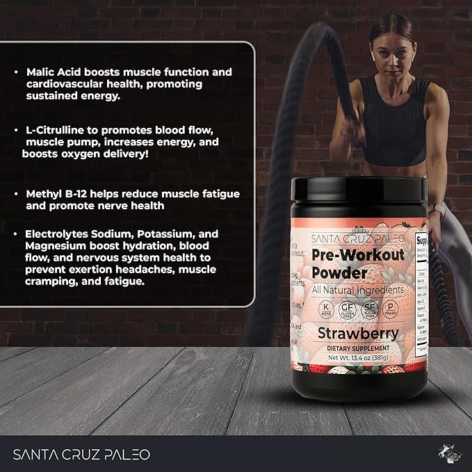 Santa Cruz Paleo Natural Pre Workout Powder, Strawberry, Keto Preworkout with Electrolytes Magnesium, Potassium, L-Citrulline, Caffeine Free, Sugar Free Drink Mix for Energy & Hydration, 30 Servings