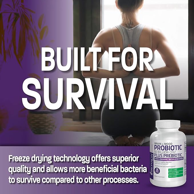 Bronson Brain + Mood Probiotic 50 Billion CFU Plus Prebiotic with L-Theanine, Bacopa and Rhodiola Non-GMO, 60 Vegetarian Capsules