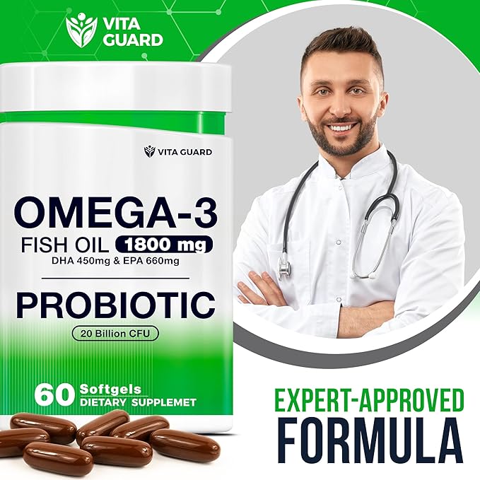 Omega-3 Fish Oil with Probiotics – 1800mg EPA & DHA for Heart, Brain & Gut Support – 20 Billion CFU, Inulin Fiber, Lemon-Flavored Burpless Softgels