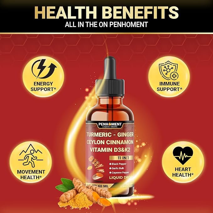 11in1 Liquid Turmeric Curcumin with Vitamin D3, Vitamin K2, Ginger, Ceylon Cinnamon, Berberine Extract, Garlic, Black Pepper - Drops Extract - 60ml - 2 Month Supply