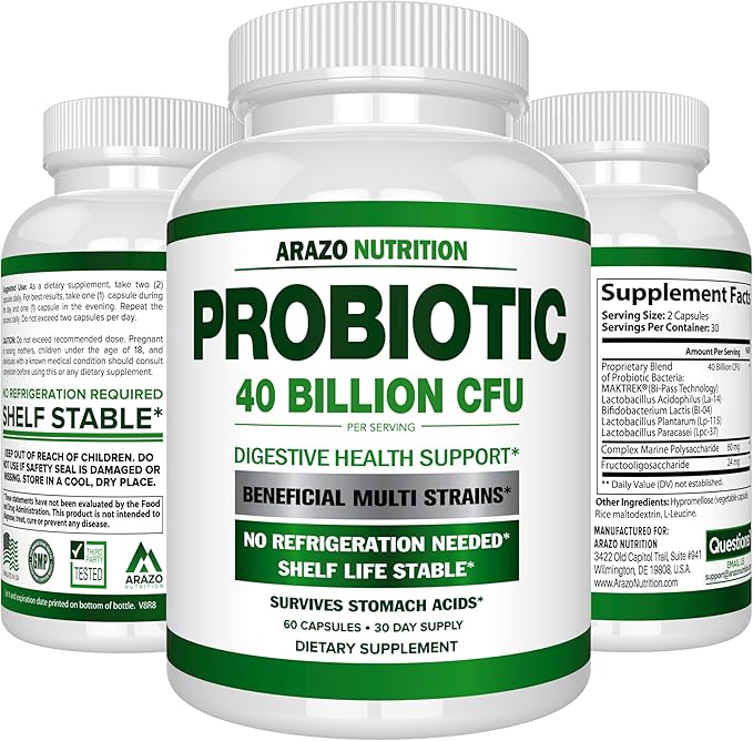 Arazo Nutrition Probiotic 40 Billion CFU - Shelf Stable with Prebiotics and Acidophilus - Stable Potency Until Expiration – Time Delay Release Probiotics