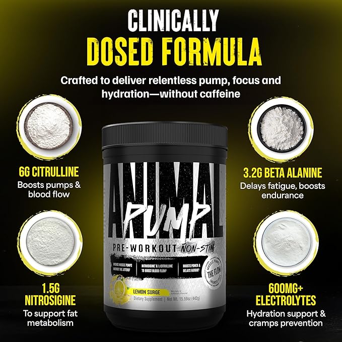 Animal Pump NS Stim-Free Pre Workout Powder for Men & Women - Caffeine-Free Preworkout for Energy, Focus and Muscle Builder, Beta Alanine, Citrulline, Nitrosigine and Nootropics, Lemon Surge, 442g
